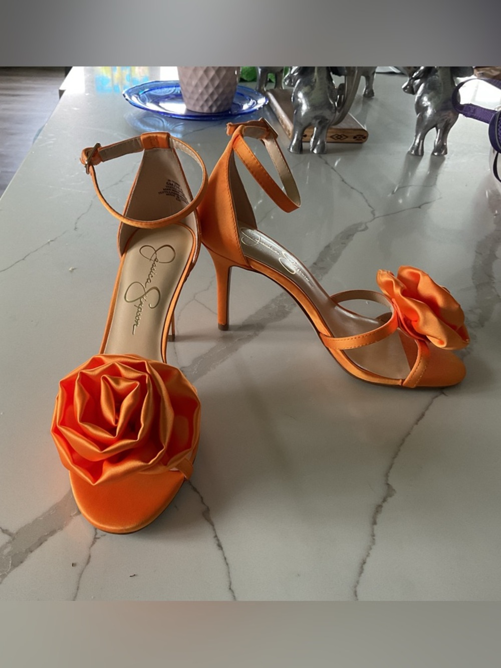 Jessica Simpson Orange Satin Rose-Embellished Ankle-Strap Heels